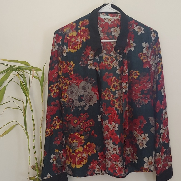 UO Sheer Red&Yellow Floral Blouse Kimchi Blue - Picture 2 of 9